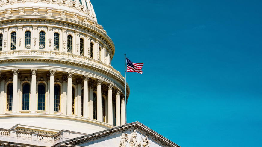 Capitol building with a flag of the United States of America hung on a pole